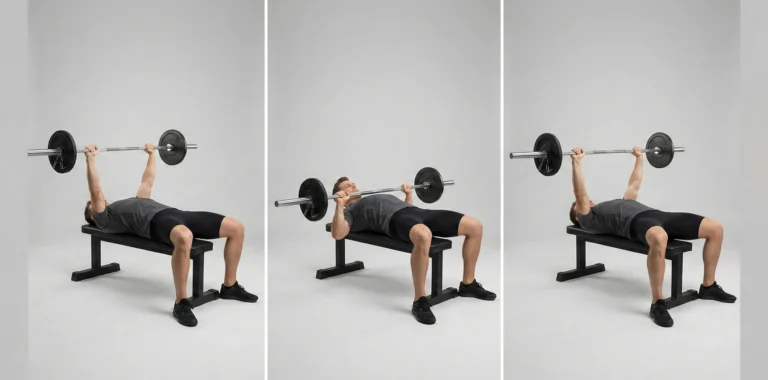 Tre steg av bänkpress med skivstång: startläge med spänd överkropp, stången sänks kontrollerat till bröstet och pressas upp till raka armar.