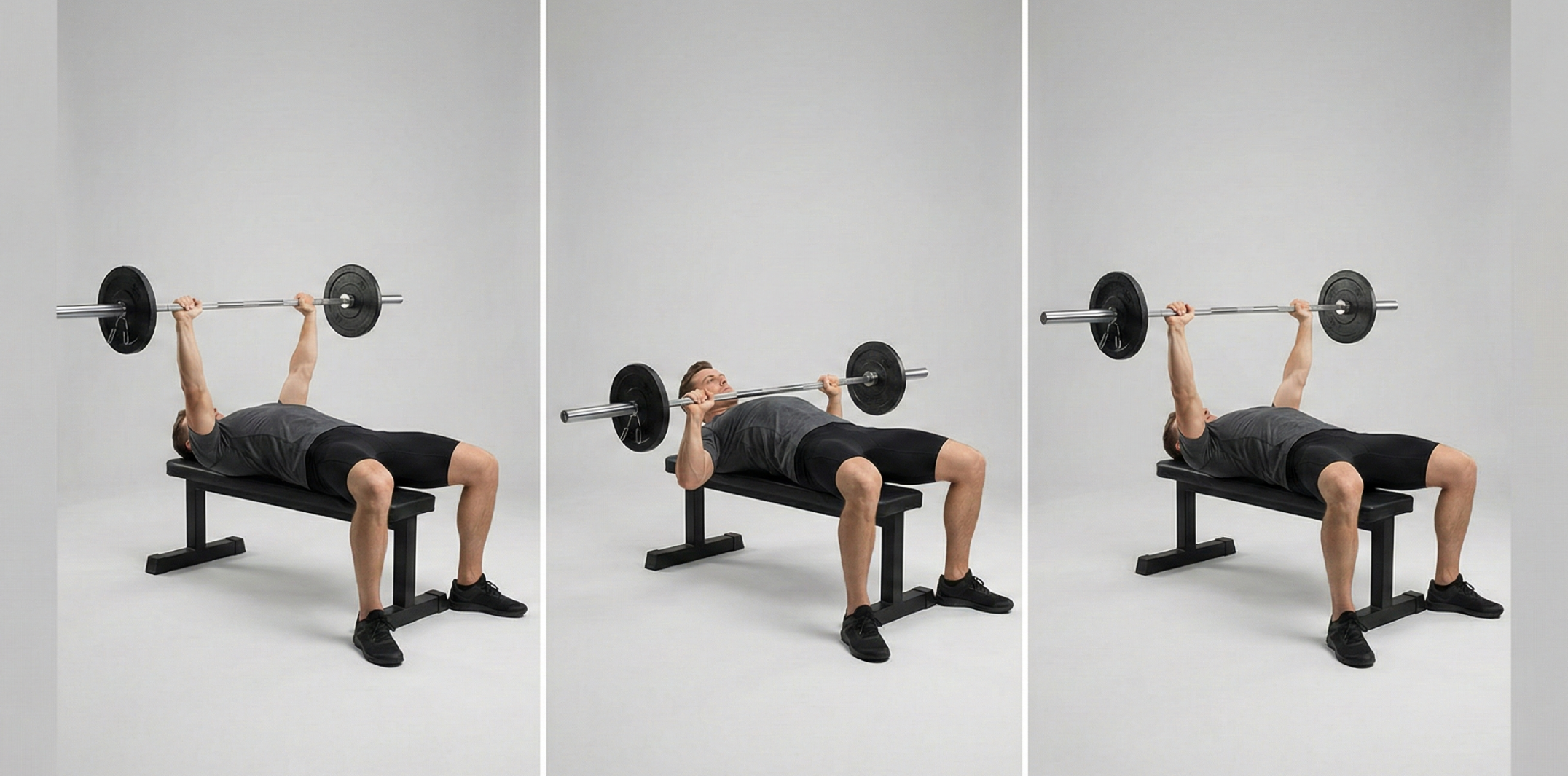 Tre steg av bänkpress med skivstång: startläge med spänd överkropp, stången sänks kontrollerat till bröstet och pressas upp till raka armar.