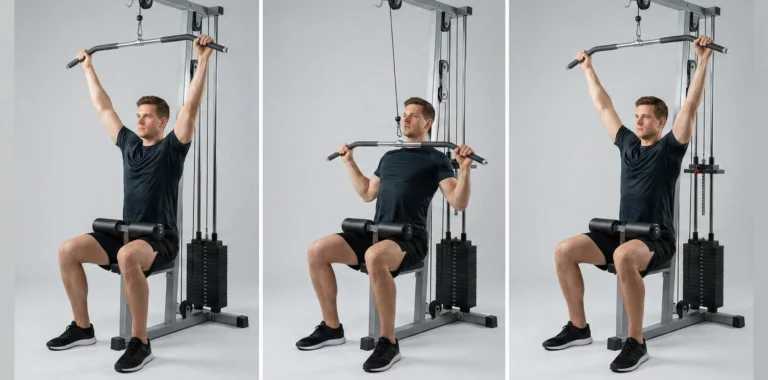 Tre steg av latsdrag i kabelmaskin: startläge med neddragna skuldror, drag ner stången till övre bröstet och kontrollerad återgång med rak rygg.