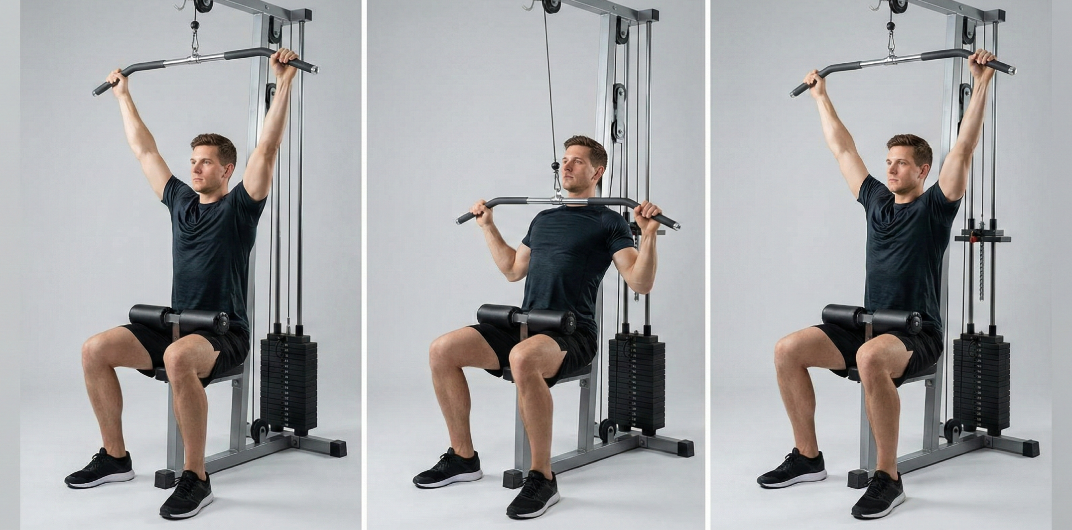 Tre steg av latsdrag i kabelmaskin: startläge med neddragna skuldror, drag ner stången till övre bröstet och kontrollerad återgång med rak rygg.