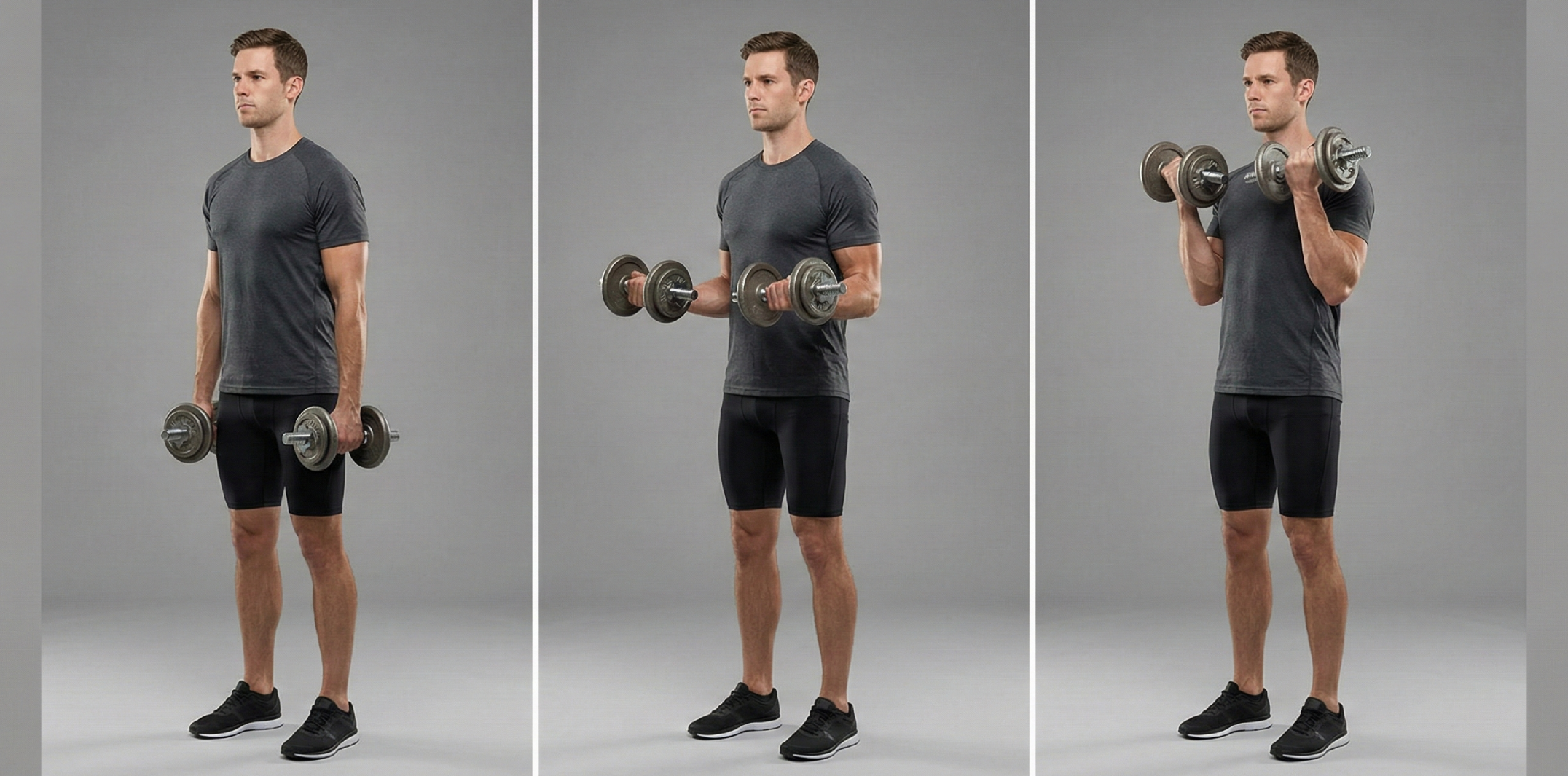 Tre steg av hantelcurl: start med armar längs sidorna, kontrollerad curl upp utan att svinga och långsam sänkning till fullt sträckt läge.