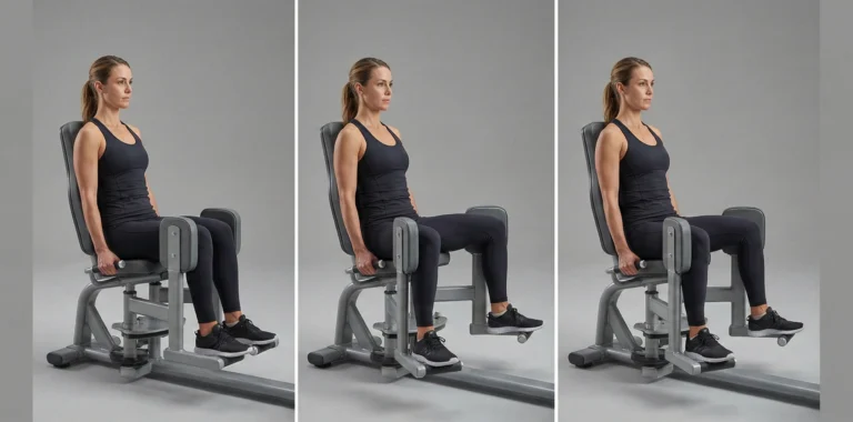 Triptyk som instruerar i korrekt teknik för abductor maskin (utsida lår). Bilden visar startposition med benen ihop, pressrörelsen utåt mot motståndet, och en kontrollerad återgång till startläget.