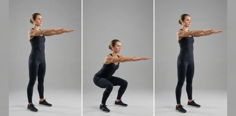 Triptyk som visar korrekt utförande av en air squat (knäböj utan vikt). Sekvensen går från stående grundposition, ner till bottenläget med låren parallella med golvet, och tillbaka upp till stående.