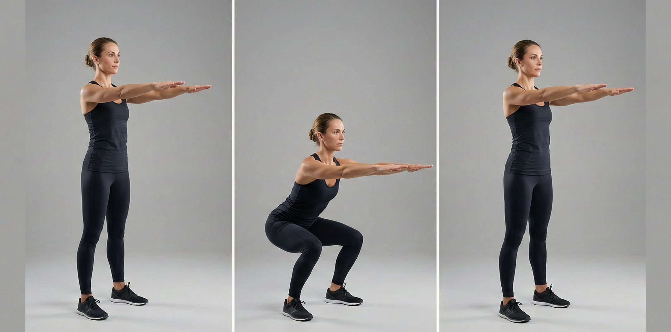 Triptyk som visar korrekt utförande av en air squat (knäböj utan vikt). Sekvensen går från stående grundposition, ner till bottenläget med låren parallella med golvet, och tillbaka upp till stående.