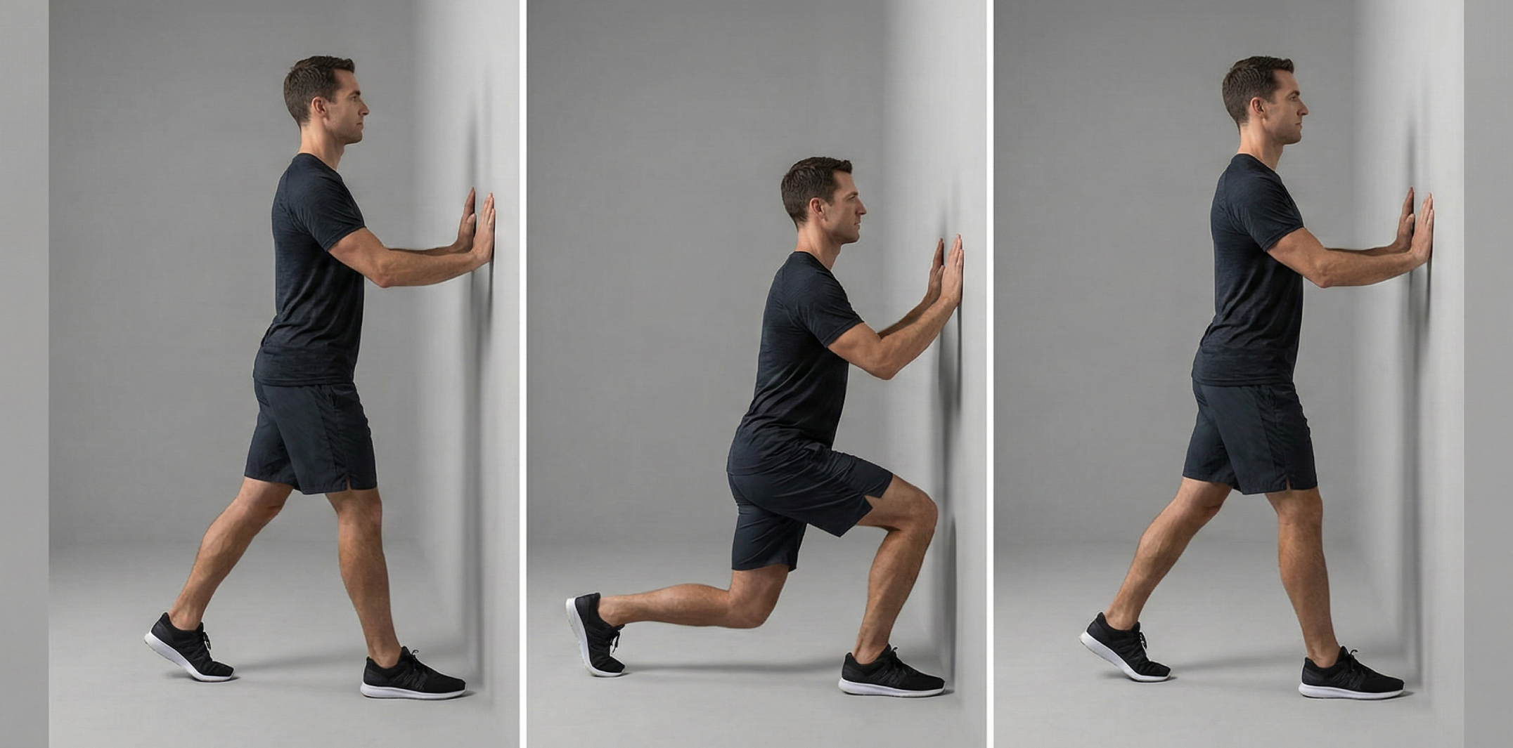 Tre steg av ankelmobilitet med knä över tå: foten plant i golvet, knät förs fram över tårna och återgång med hälen kvar i golvet.