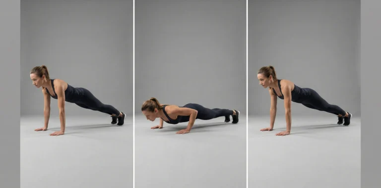 Triptyk som demonstrerar korrekt teknik för armhävningar från tårna. Bilden visar start i hög planka, sänkfasen tills bröstet är nära golvet, och pressfasen tillbaka till raka armar med stabil bål.