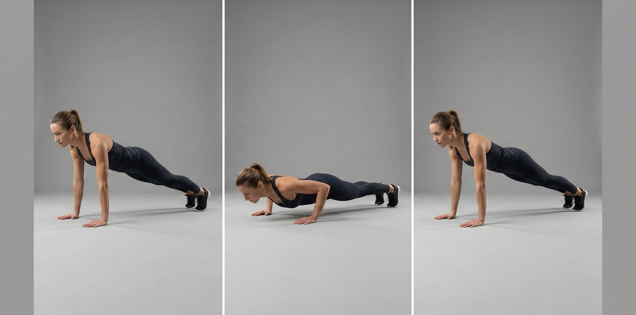 Triptyk som demonstrerar korrekt teknik för armhävningar från tårna. Bilden visar start i hög planka, sänkfasen tills bröstet är nära golvet, och pressfasen tillbaka till raka armar med stabil bål.