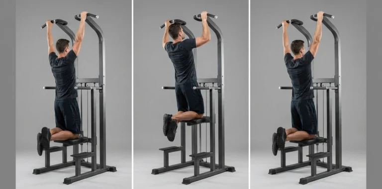 Triptyk som instruerar i assisterade pull-ups i maskin. Bildserien visar start hängande med raka armar och knän på hjälpdynan, dragrörelsen upp tills hakan är över stången, och en kontrollerad nedsänkning.