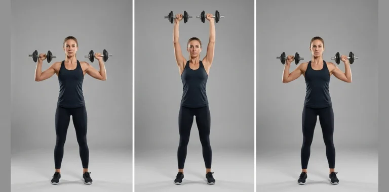 Triptyk som visar stående axelpress med hantlar för korrekt teknik. Sekvensen visar start med hantlar i axelhöjd, pressen upp till raka armar över huvudet, och en stabil återgång till startläget.