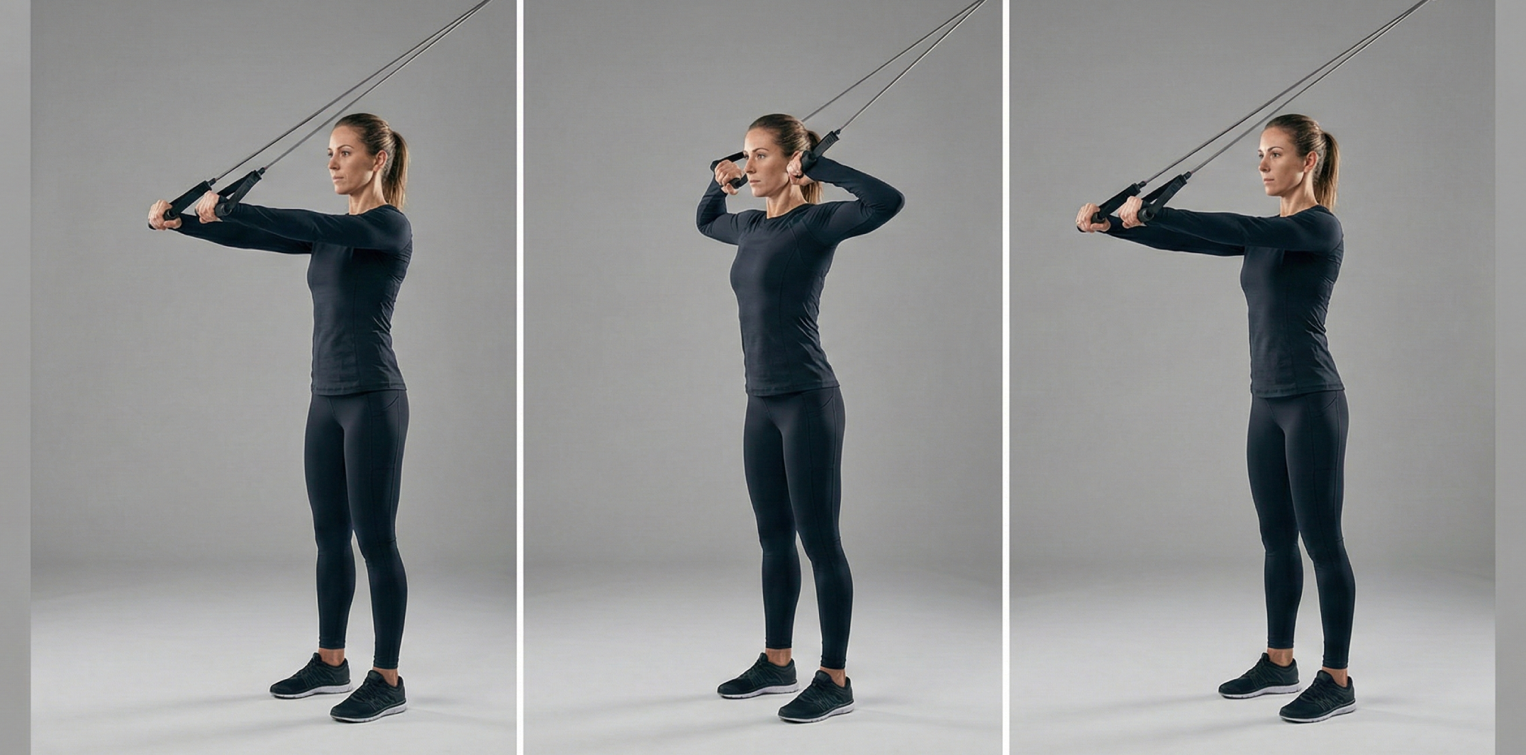 Triptyk som demonstrerar korrekt utförande av band face pulls. Bilden visar start med raka armar framåt, dragrörelsen där bandet dras mot ansiktet med höga armbågar och ihopdragna skulderblad, samt kontrollerad återgång.