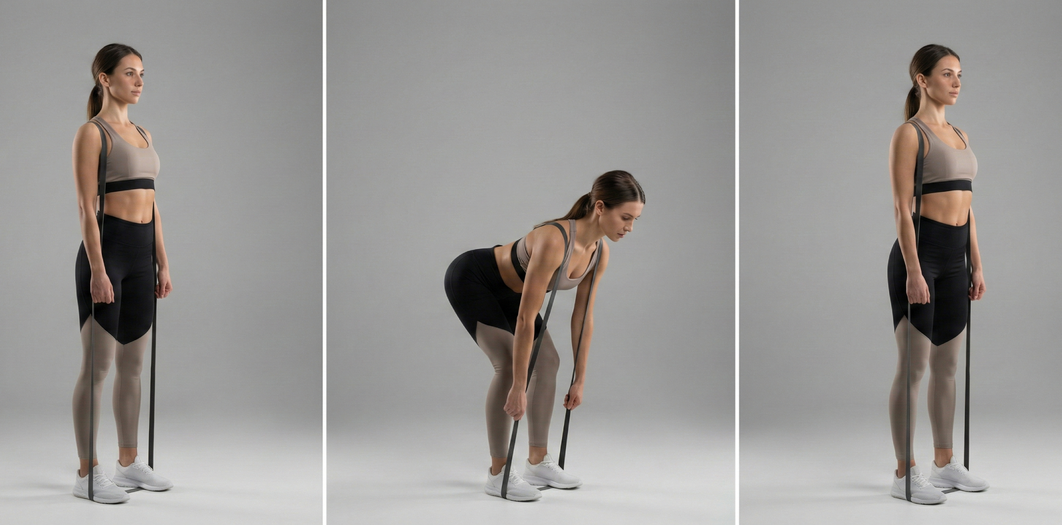 Tre steg av band good mornings: startläge med band runt axlarna, höftfällning med neutral rygg och återgång till upprätt position med spänd bål.