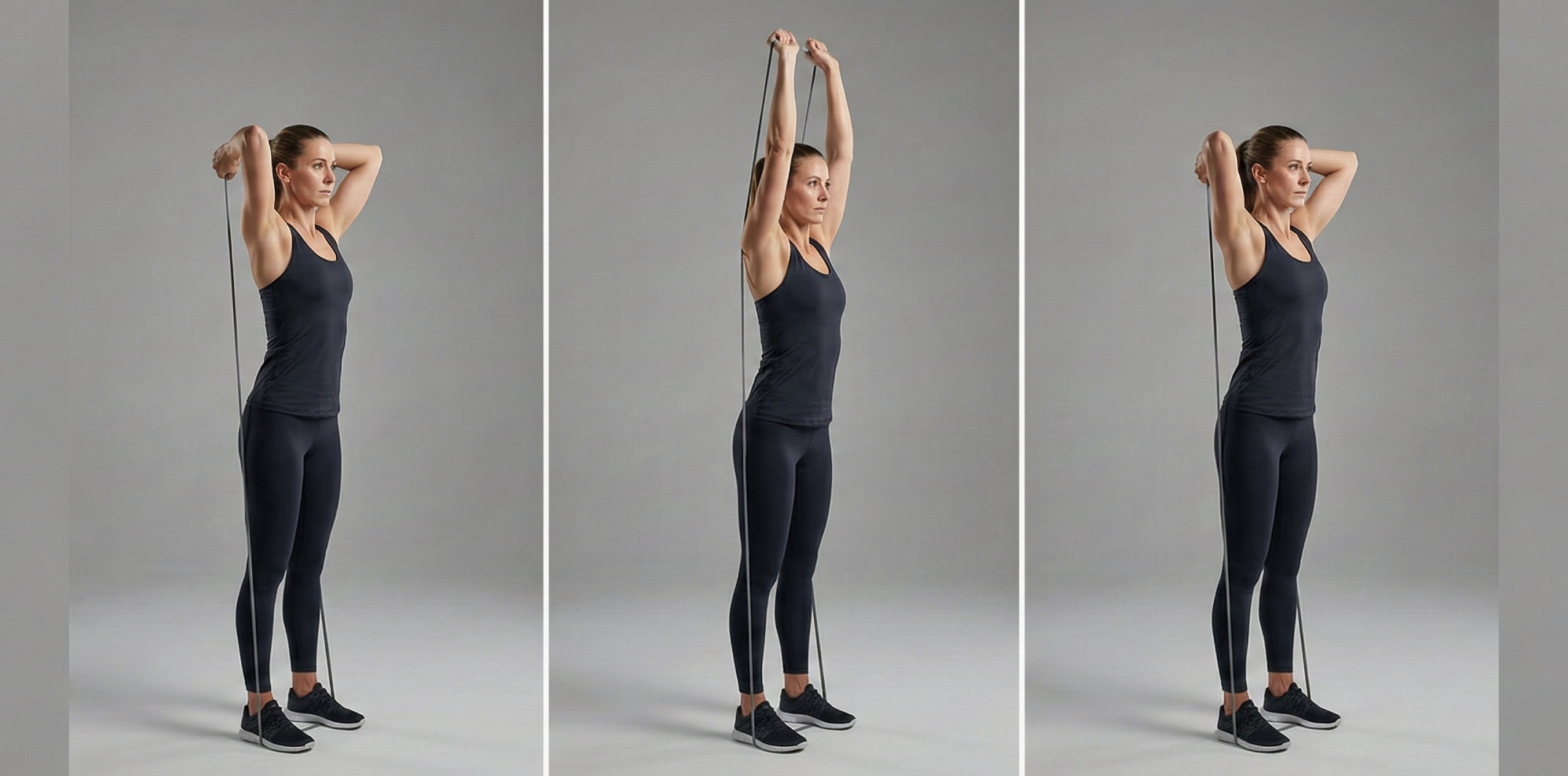 Triptyk som instruerar i band overhead triceps extension. Bilden visar sekvensen från startläget med händerna bakom nacken, pressen uppåt mot taket, till slutläget med raka armar över huvudet.