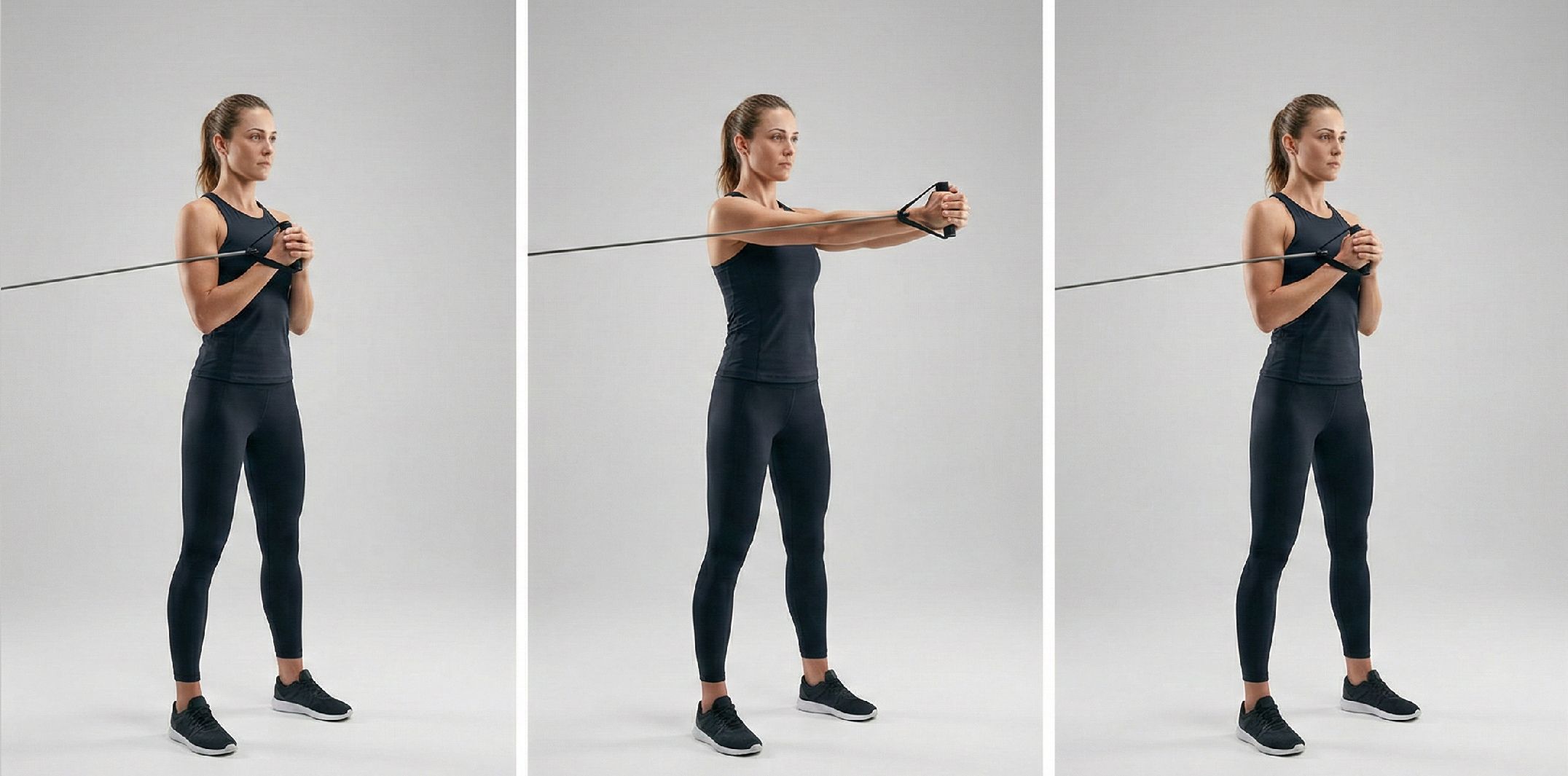 Tre steg av band pallof press: sidostående startläge med band i brösthöjd, armar pressas rakt fram och kontrollerad återgång med stabil bål mot rotation.