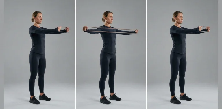 Triptyk som visar teknik för band pull-aparts. Sekvensen visar start med raka armar framför bröstet, rörelsen där bandet dras isär horisontellt med raka armar tills det nuddar bröstet, och återgång till start.