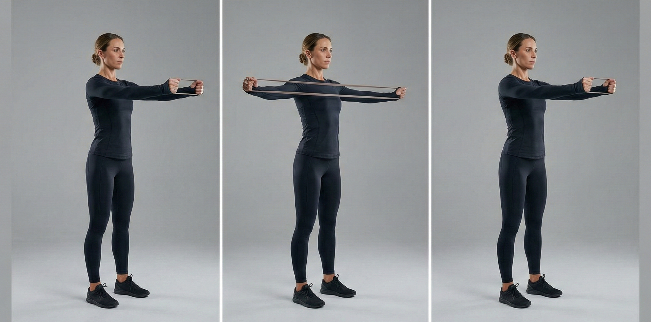 Triptyk som visar teknik för band pull-aparts. Sekvensen visar start med raka armar framför bröstet, rörelsen där bandet dras isär horisontellt med raka armar tills det nuddar bröstet, och återgång till start.