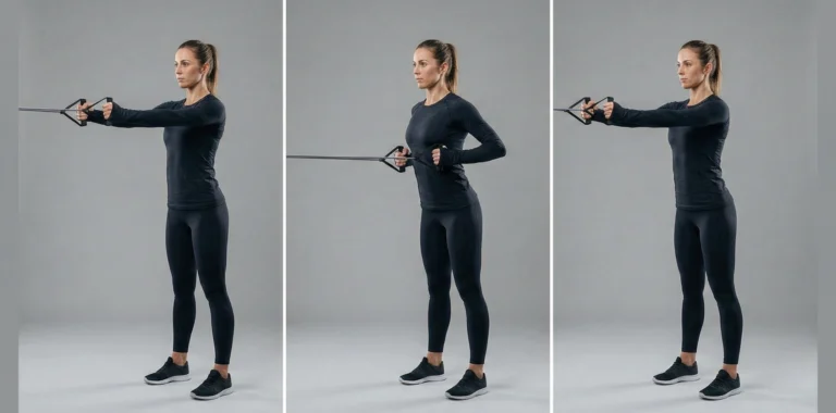 Triptyk som instruerar i stående rodd med gummiband. Bilden visar start med raka armar framåt, dragrörelsen där handtagen dras mot magen med armbågarna nära kroppen, och ett kontrollerat tillbakasläpp.