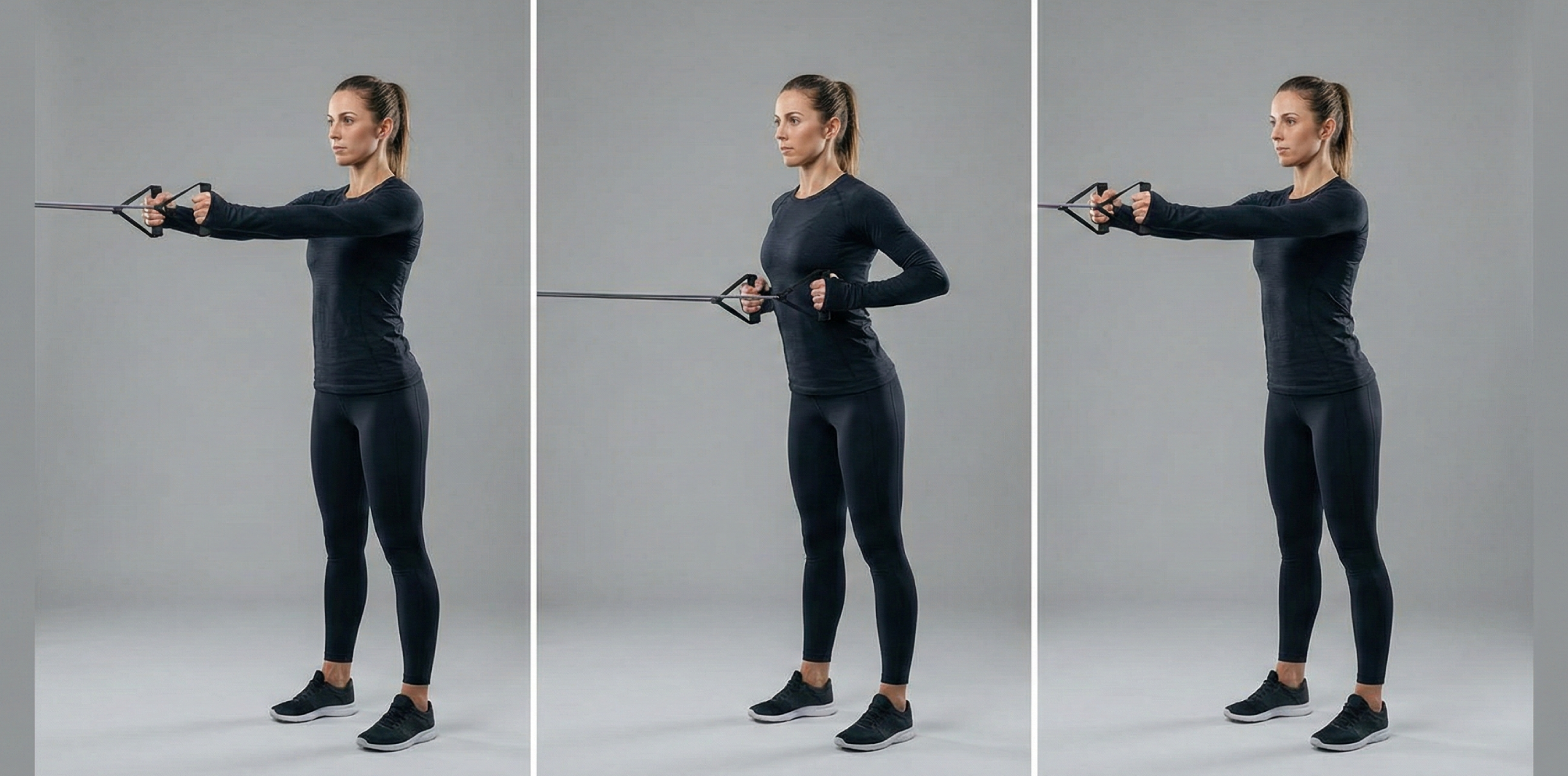 Triptyk som instruerar i stående rodd med gummiband. Bilden visar start med raka armar framåt, dragrörelsen där handtagen dras mot magen med armbågarna nära kroppen, och ett kontrollerat tillbakasläpp.