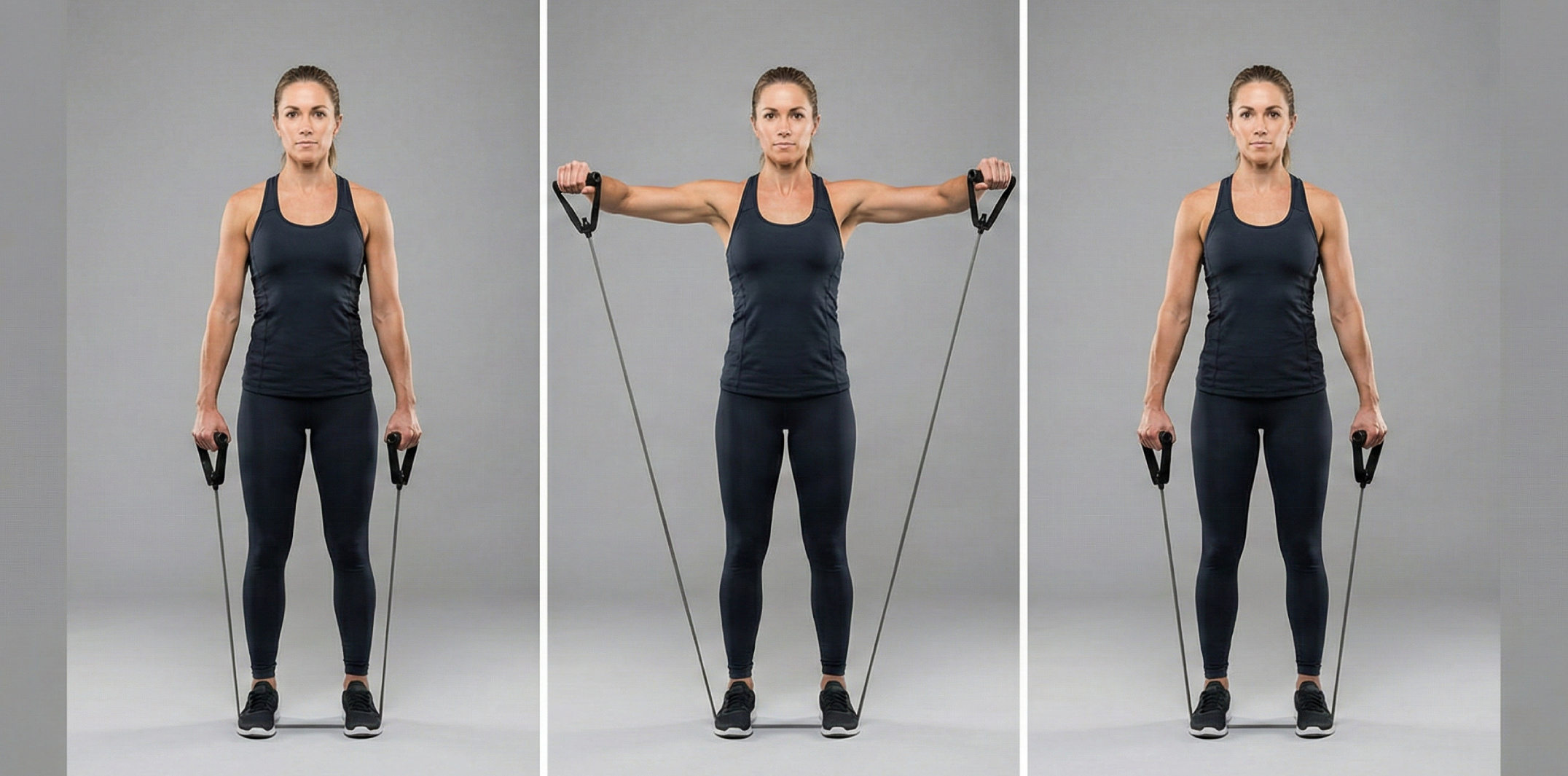 Triptyk som visar korrekt teknik för sidolyft med gummiband. Sekvensen visar start med armarna längs sidorna, lyftet utåt-uppåt till axelhöjd med lätt böjda armbågar, och en kontrollerad nedsänkning.