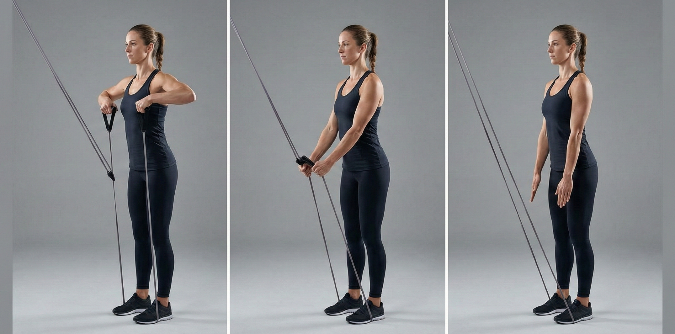 Triptyk som visar korrekt teknik för band triceps pushdown i tre steg: startläge med böjda armbågar vid bröstet, pressrörelsen nedåt, och slutläge med helt utsträckta armar längs sidorna.