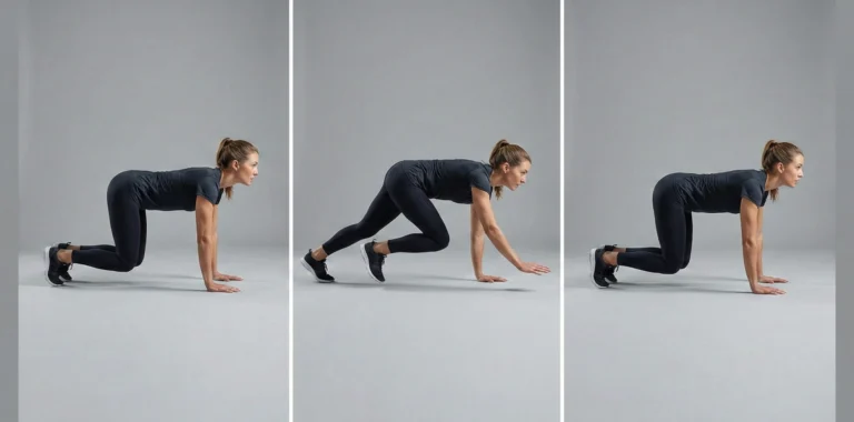 Tre steg av bear crawl: start i fyrfota med knän svävande, kryp fram med motsatt hand och fot och stabil bål i kontrollerat tempo.