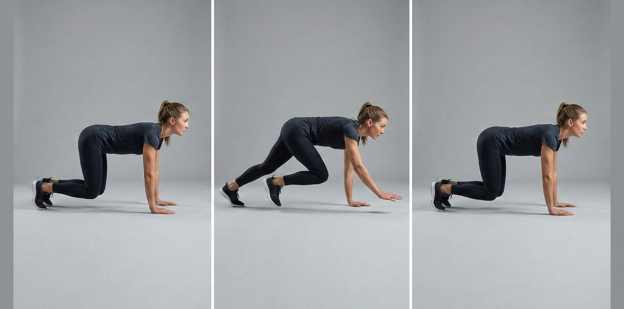 Tre steg av bear crawl: start i fyrfota med knän svävande, kryp fram med motsatt hand och fot och stabil bål i kontrollerat tempo.