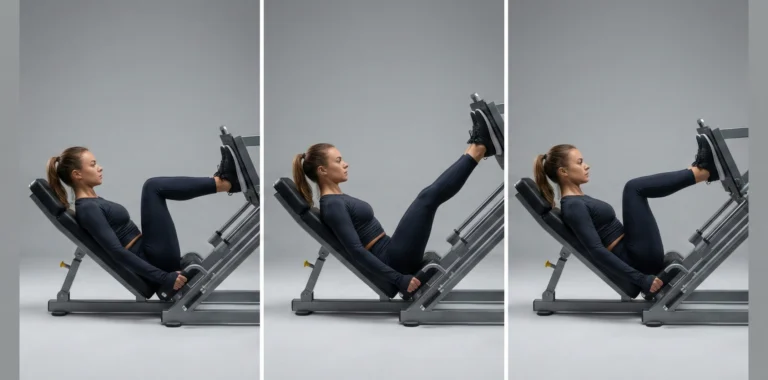 Triptyk som demonstrerar sittande benpress i maskin. Bilden visar startläget med fötterna på plattan och böjda knän, pressfasen till nästan raka ben (utan att låsa knäna), och kontrollerad återgång.