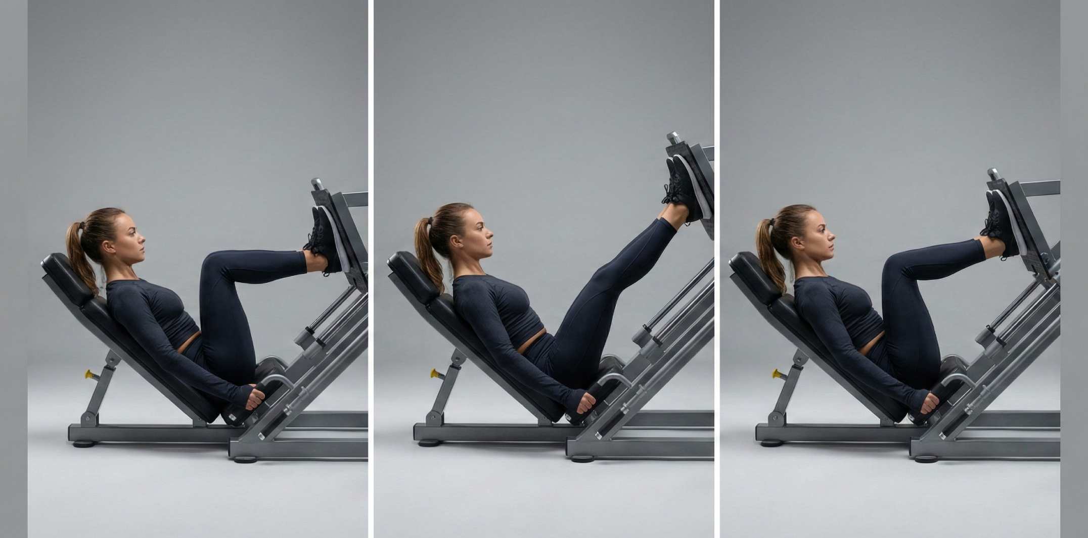 Triptyk som demonstrerar sittande benpress i maskin. Bilden visar startläget med fötterna på plattan och böjda knän, pressfasen till nästan raka ben (utan att låsa knäna), och kontrollerad återgång.
