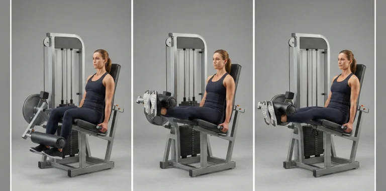 Triptyk som visar korrekt utförande av benspark (leg extension) i maskin. Sekvensen går från start med böjda knän och smalbenen bakom dynan, pressen upp till fullt utsträckta raka ben där framsida lår spänns, och tillbaka ner.