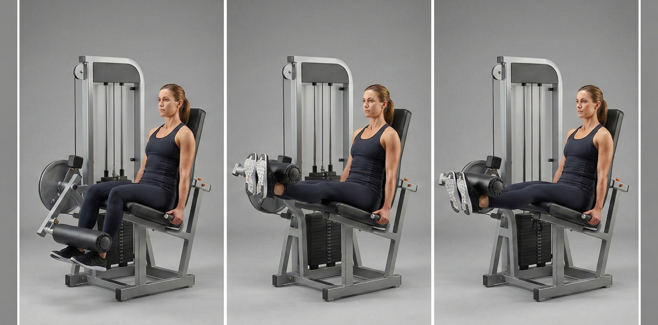 Triptyk som visar korrekt utförande av benspark (leg extension) i maskin. Sekvensen går från start med böjda knän och smalbenen bakom dynan, pressen upp till fullt utsträckta raka ben där framsida lår spänns, och tillbaka ner.