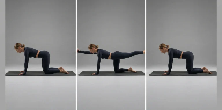 Triptyk som instruerar i korrekt utförande av Bird dog för bålstabilitet. Bilden visar startposition på alla fyra, diagonal sträckning av arm och ben med neutral rygg, och kontrollerad återgång till startläget.