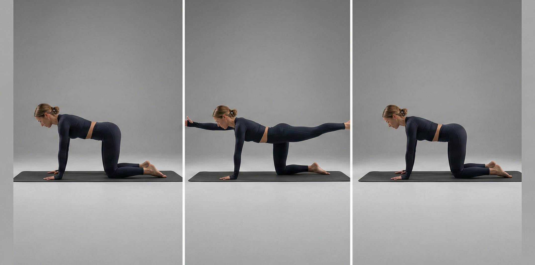 Triptyk som instruerar i korrekt utförande av Bird dog för bålstabilitet. Bilden visar startposition på alla fyra, diagonal sträckning av arm och ben med neutral rygg, och kontrollerad återgång till startläget.