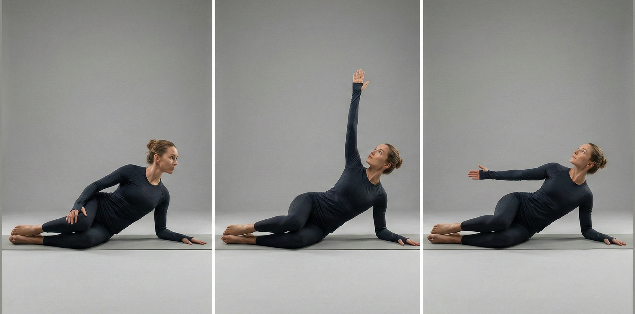 Tre steg av open book för bröstryggsrotation: sidoläge med knän böjda, armen roterar öppet bakåt och återgång med höfter stilla.