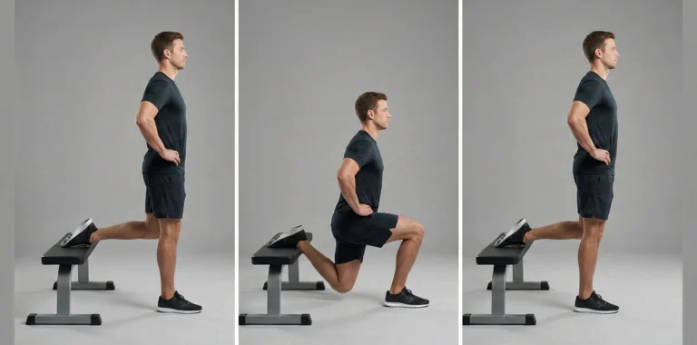 Bildserie som visar säker teknik för Bulgarian split squat. Vänster panel visar startläge med bakre foten på bänk, mittenpanelen visar ett djupt knäböj med stabil bål, och höger panel visar upprätt slutposition.