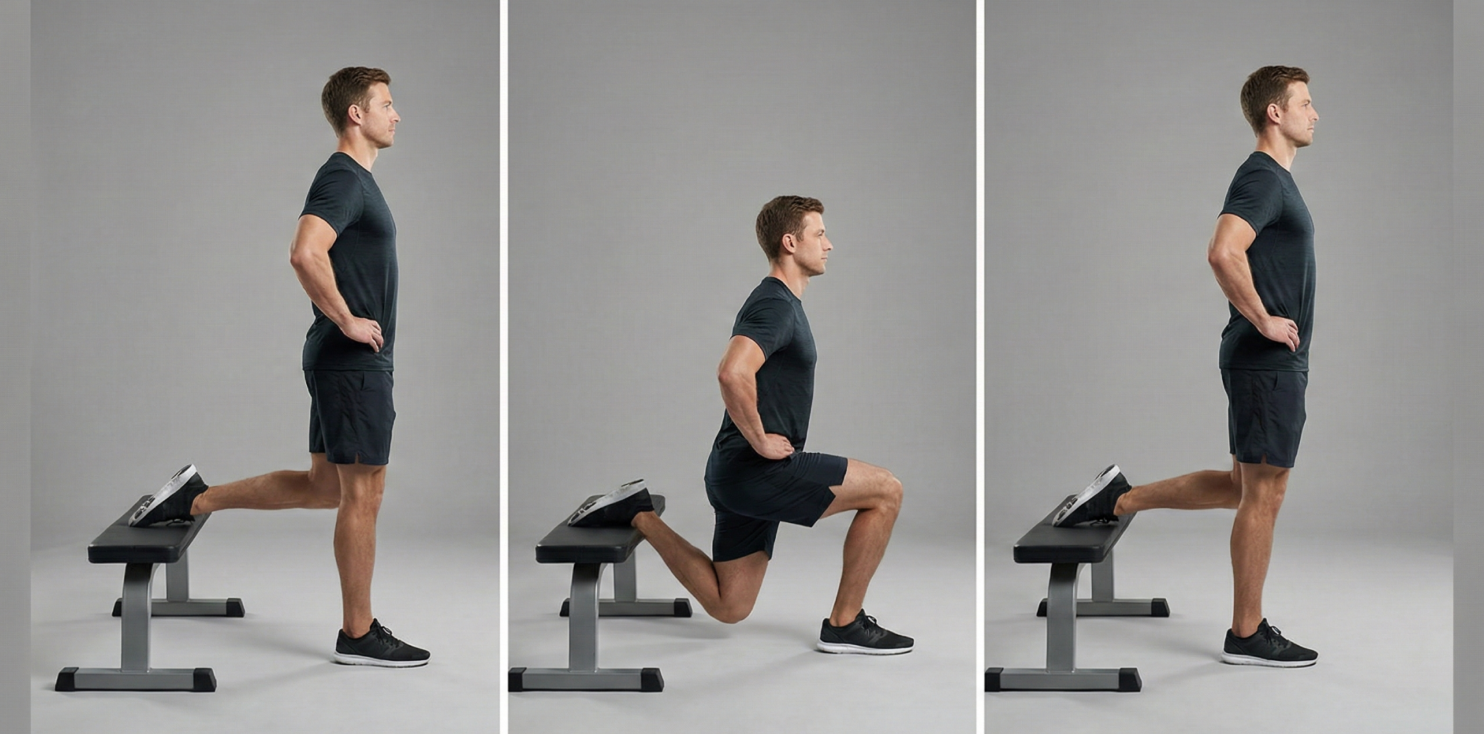 Bildserie som visar säker teknik för Bulgarian split squat. Vänster panel visar startläge med bakre foten på bänk, mittenpanelen visar ett djupt knäböj med stabil bål, och höger panel visar upprätt slutposition.