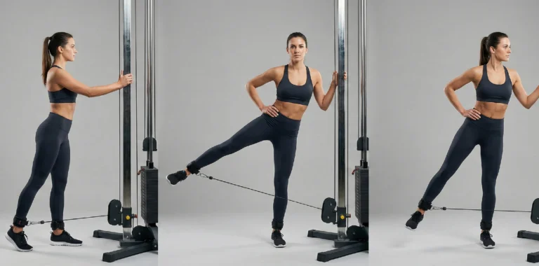 Instruktionstriptyk för stående Cable hip abduction. Bilderna visar korrekt startposition vid kabelmaskinen, abduktionsrörelsen utåt för att träna utsida lår, och ett kontrollerat avslut tillbaka till start.