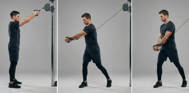 Triptyk som demonstrerar rotationsövningen Cable woodchoppers. Visar startläge med högt fäste, rotationsrörelsen genom bålen ner mot motsatt höft med raka armar, och ett stabilt slutläge.