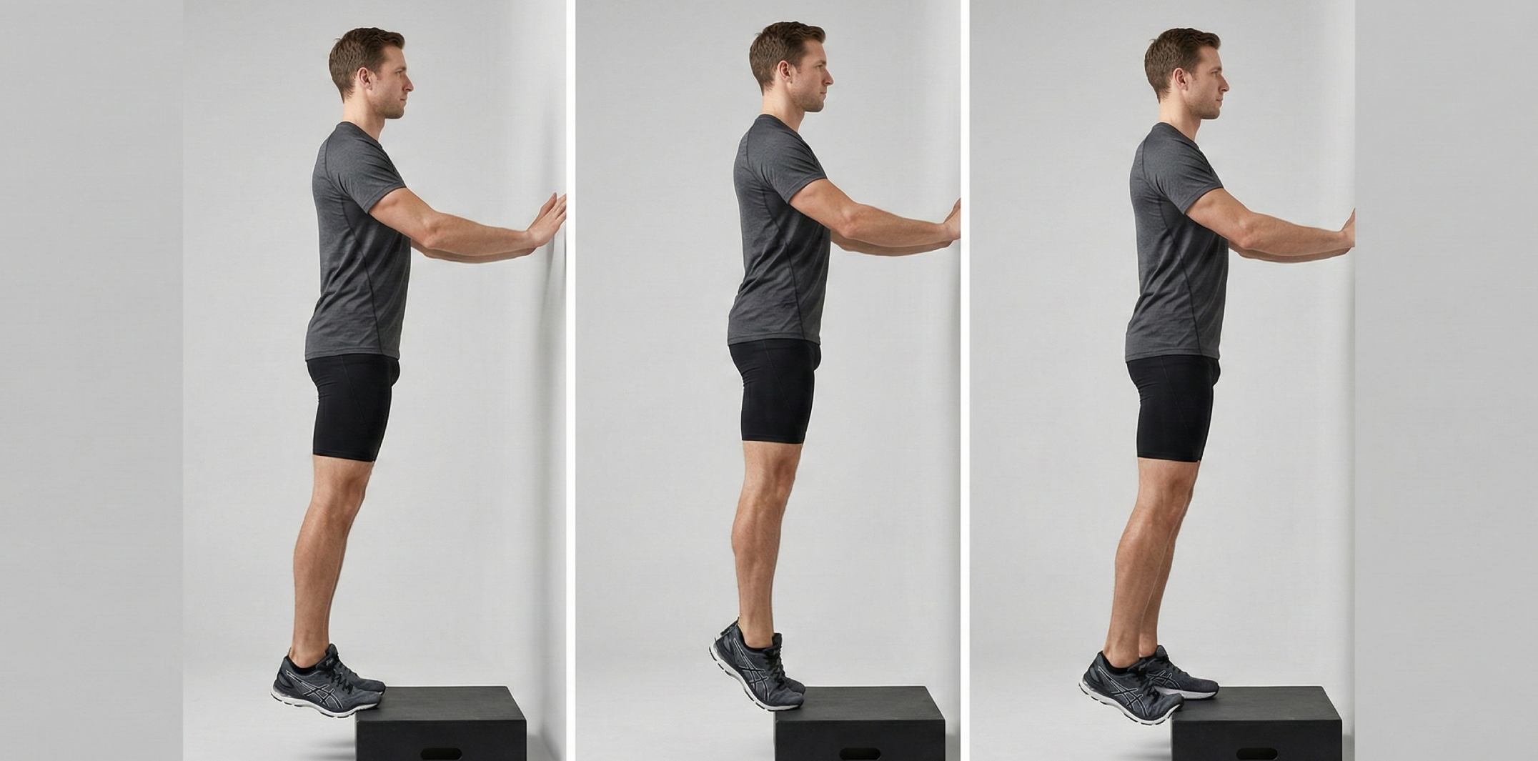 Tre steg av calf raises: start med fötterna stabila, hälar sänks kontrollerat och full tåhävning upp med paus i toppläget.