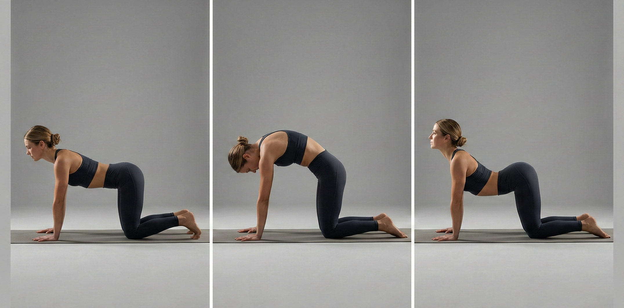 Tre steg av cat-cow: start i fyrfota, ryggen rundas med hakan lätt in och sedan svankas mjukt med bröstet fram för rörlighet i ryggraden.