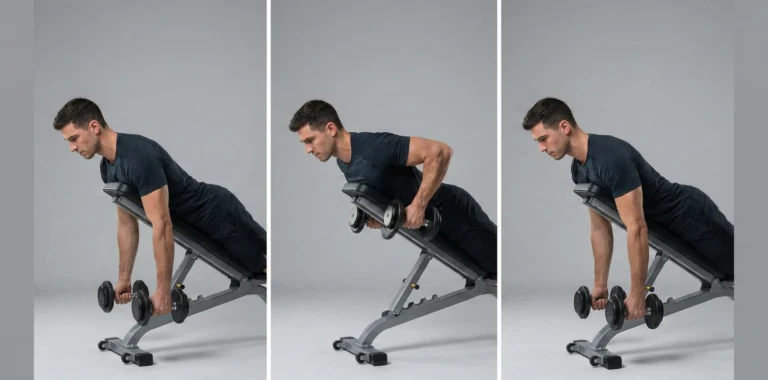 Bildserie i tre delar för Chest supported row (sälrodd) med hantlar på lutande bänk. Visar korrekt start med utsträckta armar, dragläget där skulderbladen dras ihop maximalt, och en kontrollerad nedsänkning.