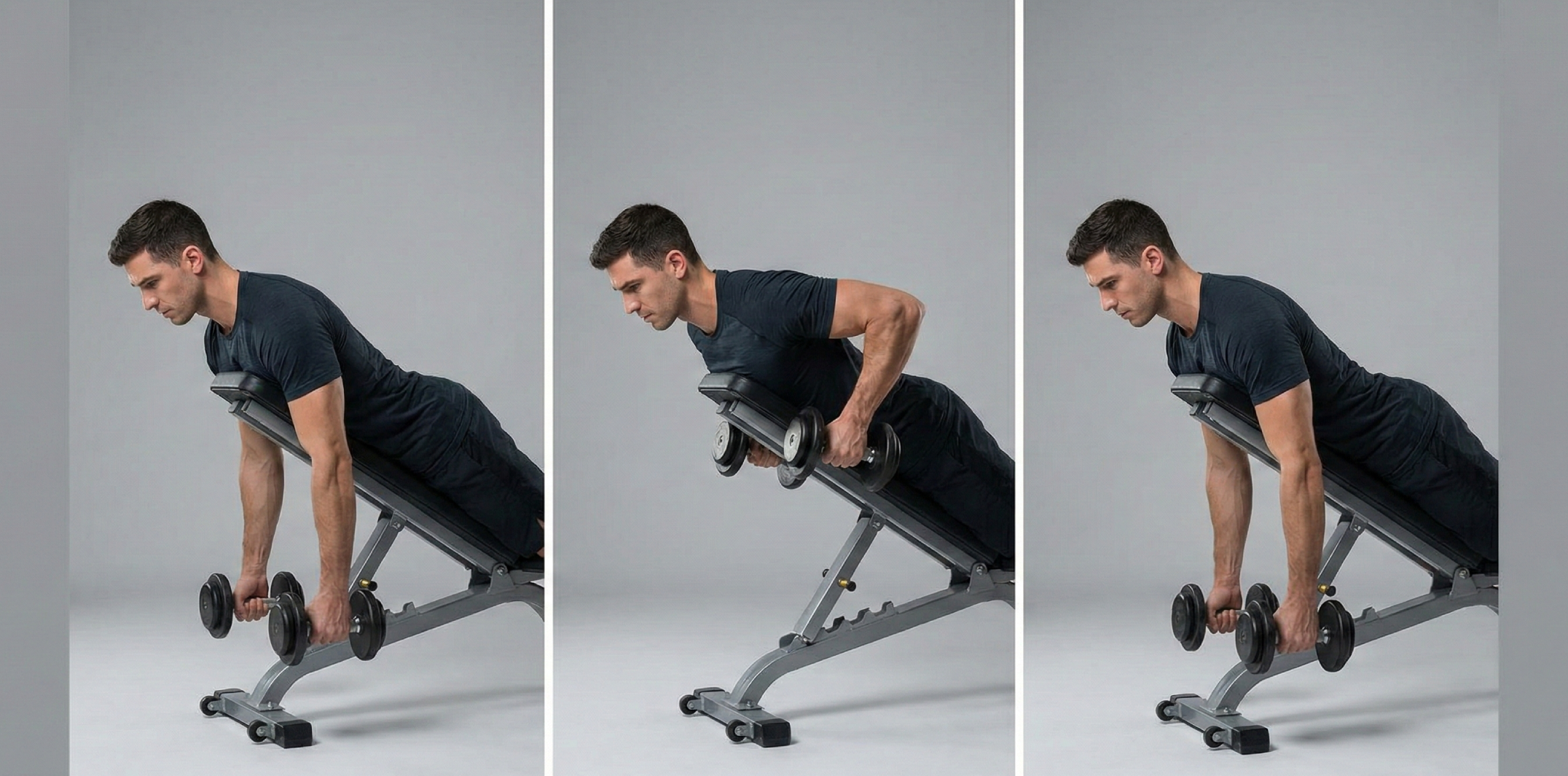 Bildserie i tre delar för Chest supported row (sälrodd) med hantlar på lutande bänk. Visar korrekt start med utsträckta armar, dragläget där skulderbladen dras ihop maximalt, och en kontrollerad nedsänkning.