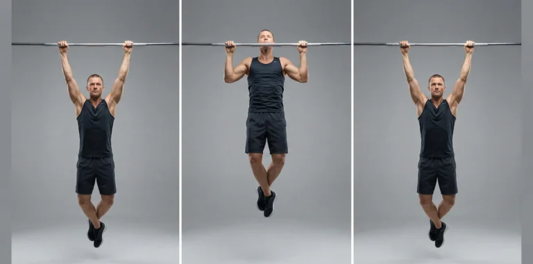 Triptyk som visar korrekt utförande av Chins (supinerat grepp) för ryggmuskulaturen. Bilderna visar start i hängande position med raka armar, toppläget med hakan över stången, samt kontrollerad nedsänkning.