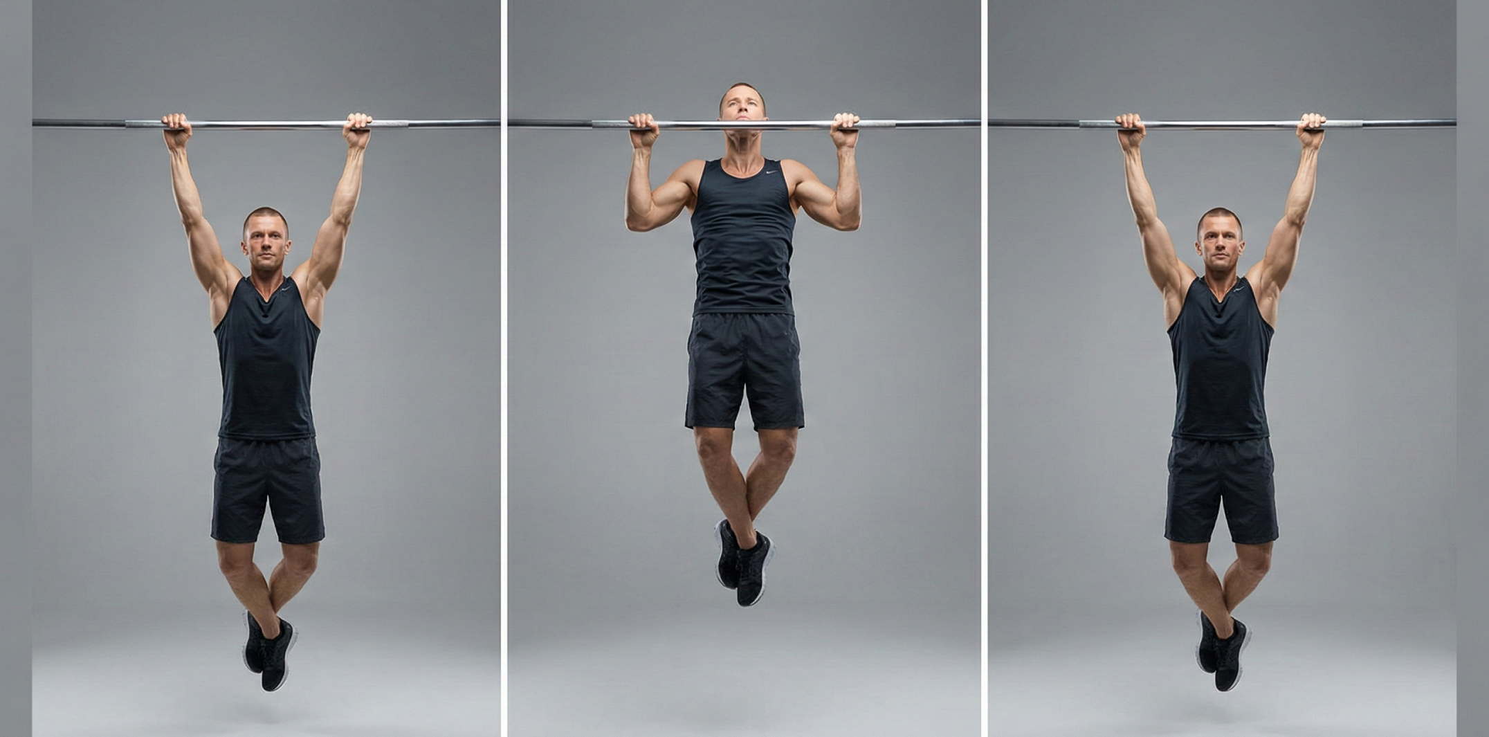 Triptyk som visar korrekt utförande av Chins (supinerat grepp) för ryggmuskulaturen. Bilderna visar start i hängande position med raka armar, toppläget med hakan över stången, samt kontrollerad nedsänkning.