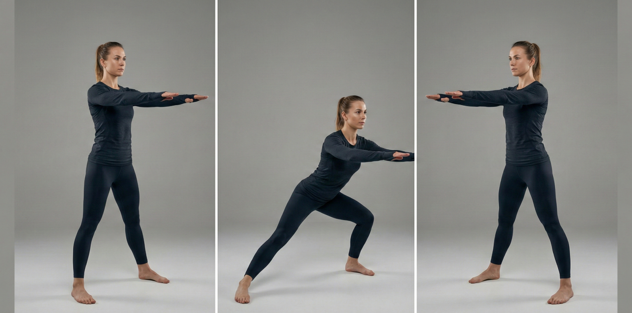 Tre steg av lätt cossack squat: bred fotställning, vikt förskjuts till ena sidan med böjt knä och återgång till mitten med kontroll.