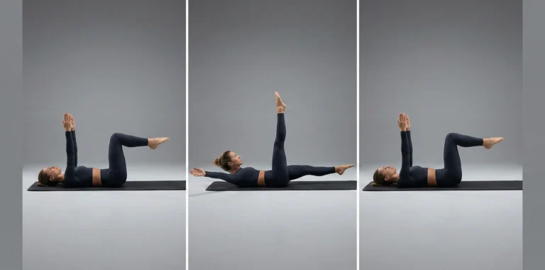 Instruktionstriptyk för bålövningen Dead bug. Visar startposition på rygg med lyfta ben och armar, en kontrollerad diagonal sänkning av arm och ben med bibehållen kontakt mellan svank och golv, och återgång till startläget.