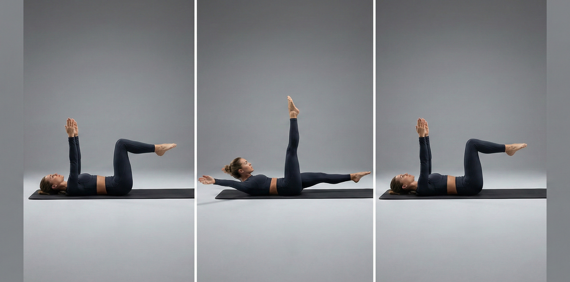 Instruktionstriptyk för bålövningen Dead bug. Visar startposition på rygg med lyfta ben och armar, en kontrollerad diagonal sänkning av arm och ben med bibehållen kontakt mellan svank och golv, och återgång till startläget.