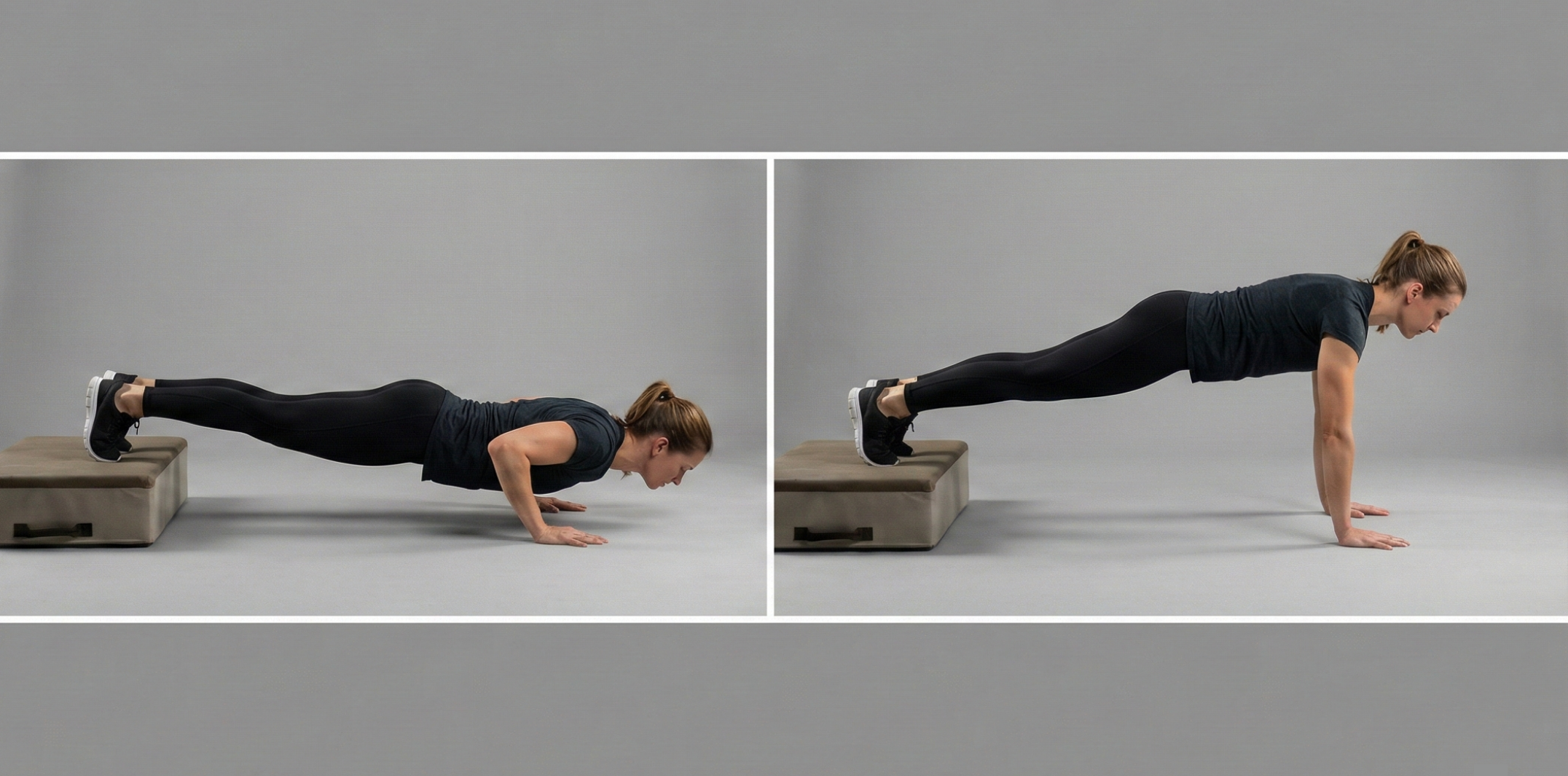 Bildserie som visar teknik för Decline push-up med fötterna placerade på en höjd. Visar hög planka som start, bottenläget med bröstet nära golvet och rak kroppslinje, samt press tillbaka till startpositionen.