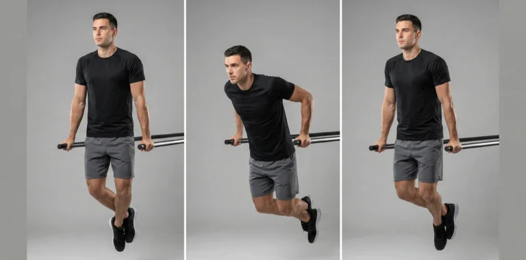 Triptyk som demonstrerar korrekt utförande av Dips på ställning för triceps och bröst. Bilderna visar startposition med raka armar, nedsänkning till cirka 90 grader i armbågsleden, och press tillbaka till startläget med stabil kropp.