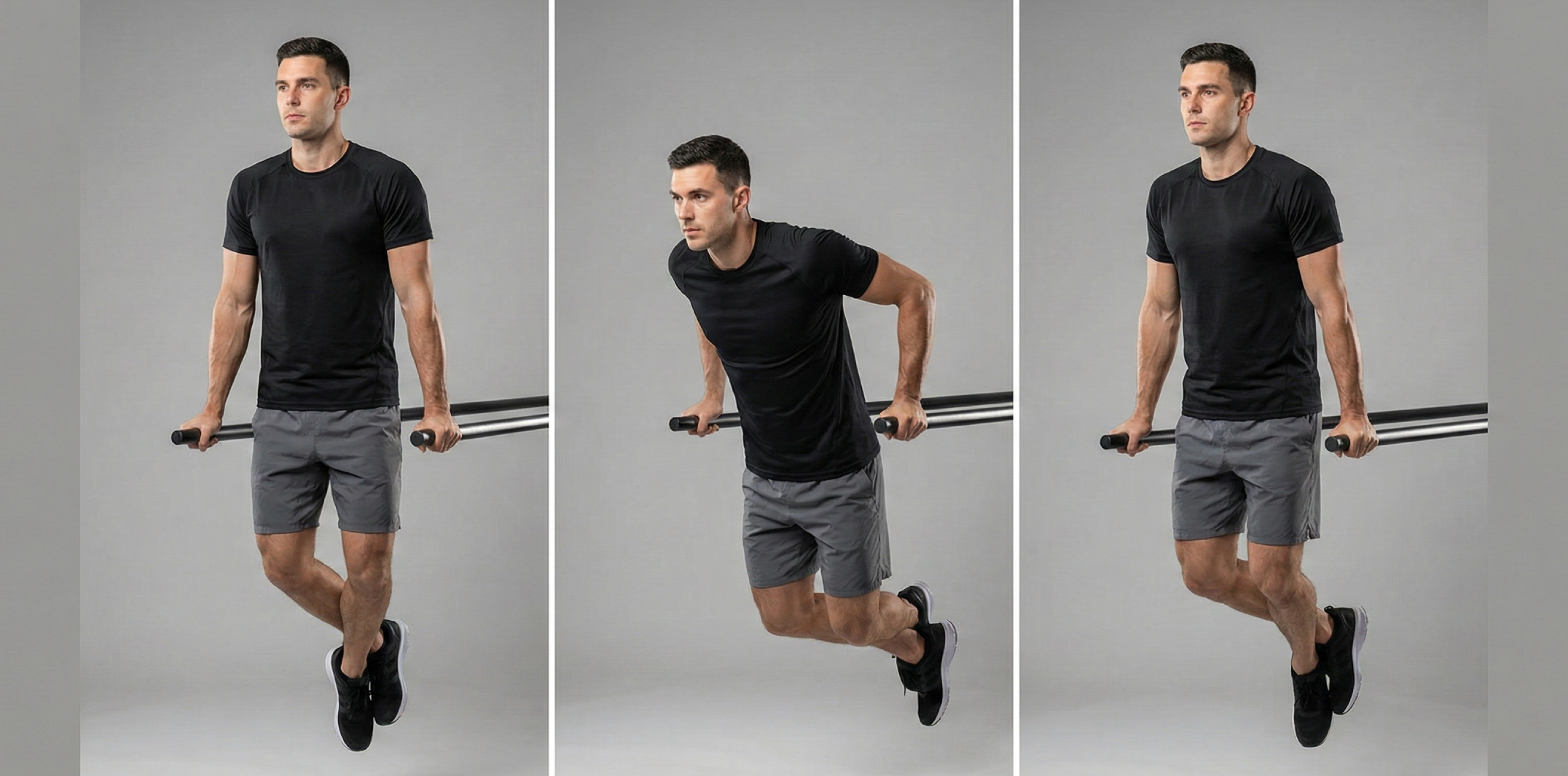 Triptyk som demonstrerar korrekt utförande av Dips på ställning för triceps och bröst. Bilderna visar startposition med raka armar, nedsänkning till cirka 90 grader i armbågsleden, och press tillbaka till startläget med stabil kropp.