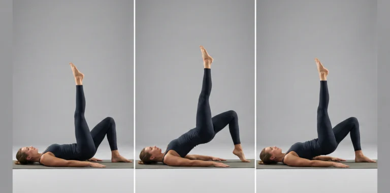 Instruktionsbild i tre delar för Enbens glute bridge. Visar startläge på rygg med ett ben lyft, själva höftlyftet där sätet aktiveras maximalt i toppläget, och en kontrollerad nedsänkning tillbaka till golvet.