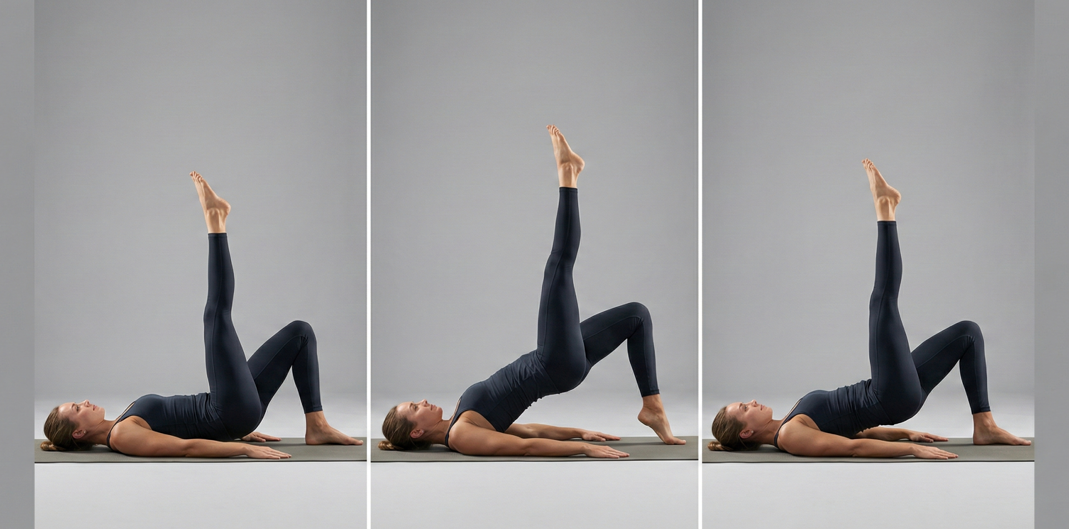 Instruktionsbild i tre delar för Enbens glute bridge. Visar startläge på rygg med ett ben lyft, själva höftlyftet där sätet aktiveras maximalt i toppläget, och en kontrollerad nedsänkning tillbaka till golvet.